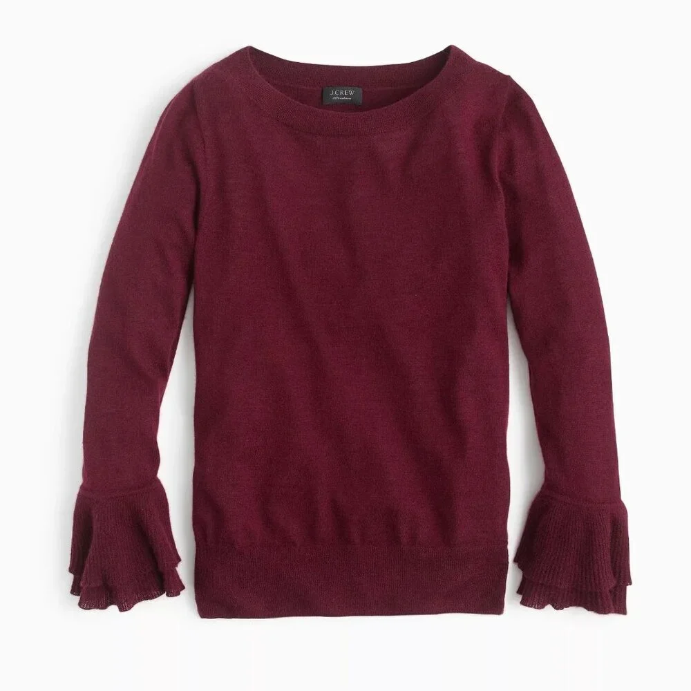 J.Crew Cashmere Boatneck Ruffle-Sleeve Burgundy Sweater Size S